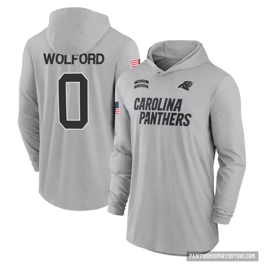 Men's ＃0 John Wolford Carolina Panthers Gray 2024 Salute to Service Lightweight Performance Long Sleeve Hooded T-Shirt