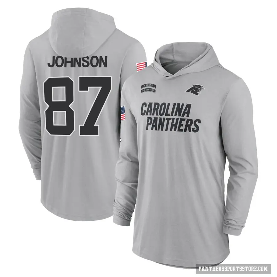 Men's ＃87 Cam Johnson Carolina Panthers Gray 2024 Salute to Service Lightweight Performance Long Sleeve Hooded T-Shirt