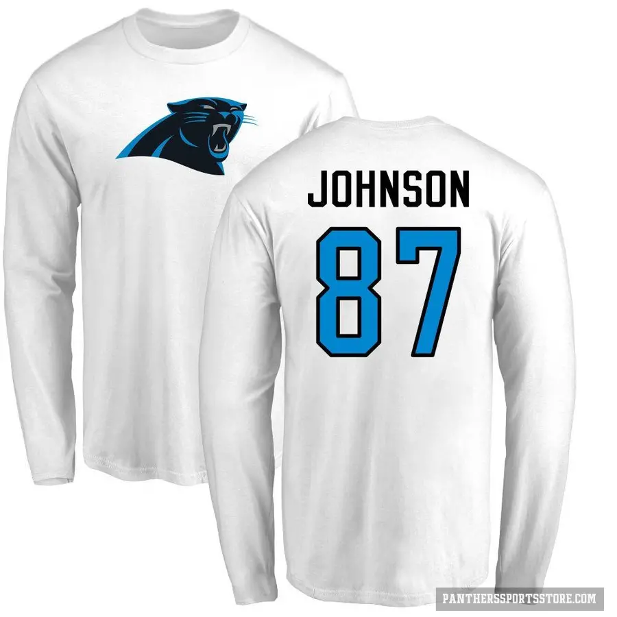 Men's ＃87 Cam Johnson Carolina Panthers White Logo Long Sleeve T-Shirt