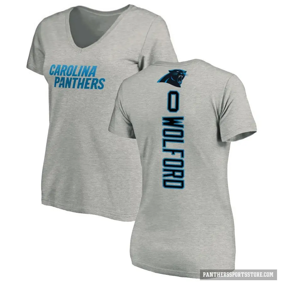 Women's ＃0 John Wolford Carolina Panthers Ash Backer V-Neck T-Shirt