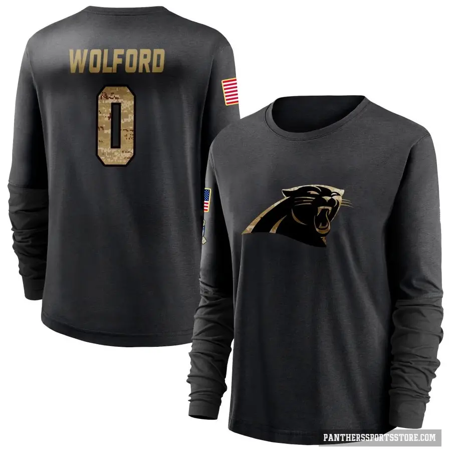 Women's ＃0 John Wolford Carolina Panthers Black 2020 Salute To Service Sideline Performance Long Sleeve T-Shirt