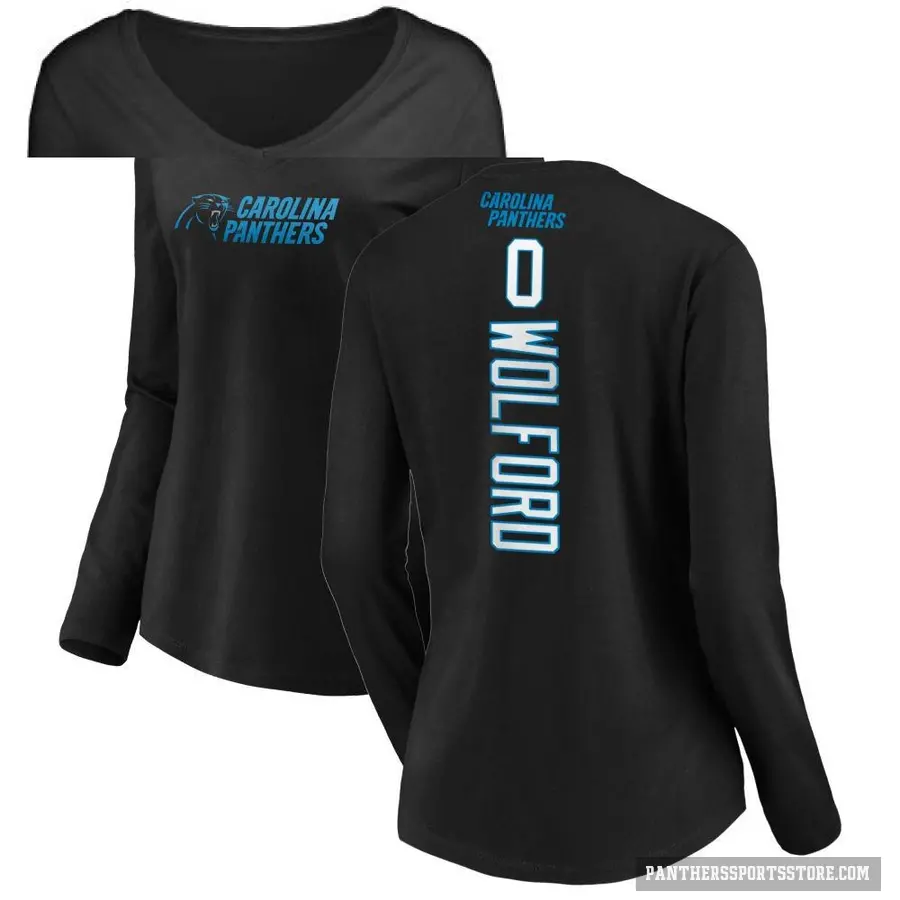 Women's ＃0 John Wolford Carolina Panthers Black Backer Slim Fit Long Sleeve T-Shirt