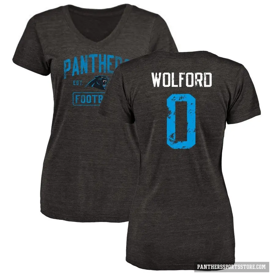 Women's ＃0 John Wolford Carolina Panthers Black Distressed V-Neck T-Shirt