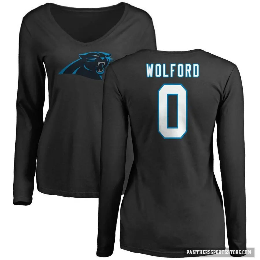 Women's ＃0 John Wolford Carolina Panthers Black Logo Slim Fit Long Sleeve T-Shirt