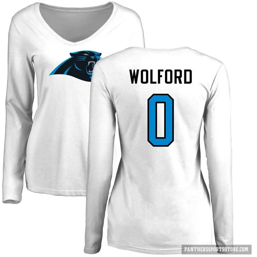 Women's ＃0 John Wolford Carolina Panthers White Logo Slim Fit Long Sleeve T-Shirt