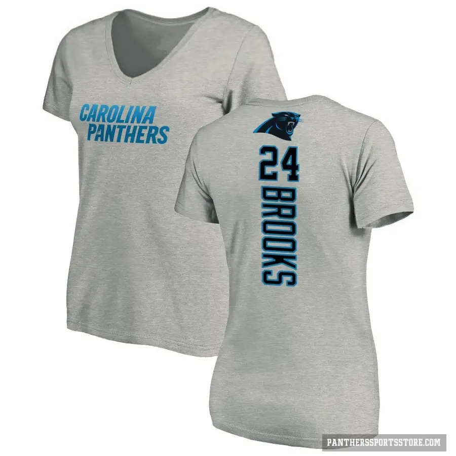 Women's ＃24 Jonathon Brooks Carolina Panthers Ash Backer V-Neck T-Shirt