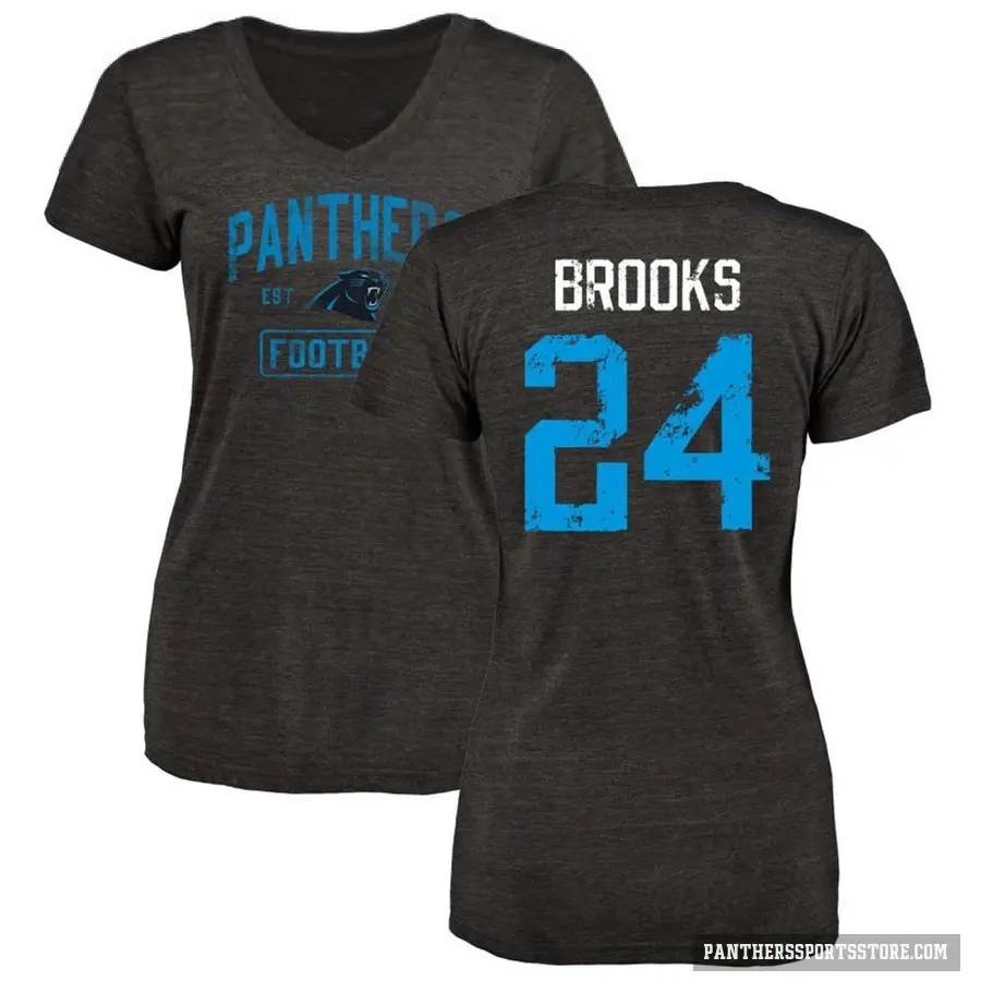 Women's ＃24 Jonathon Brooks Carolina Panthers Black Distressed V-Neck T-Shirt