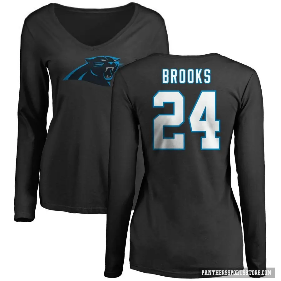 Women's ＃24 Jonathon Brooks Carolina Panthers Black Logo Slim Fit Long Sleeve T-Shirt