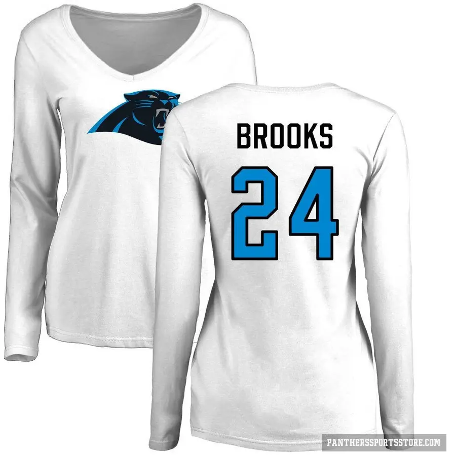 Women's ＃24 Jonathon Brooks Carolina Panthers White Logo Slim Fit Long Sleeve T-Shirt