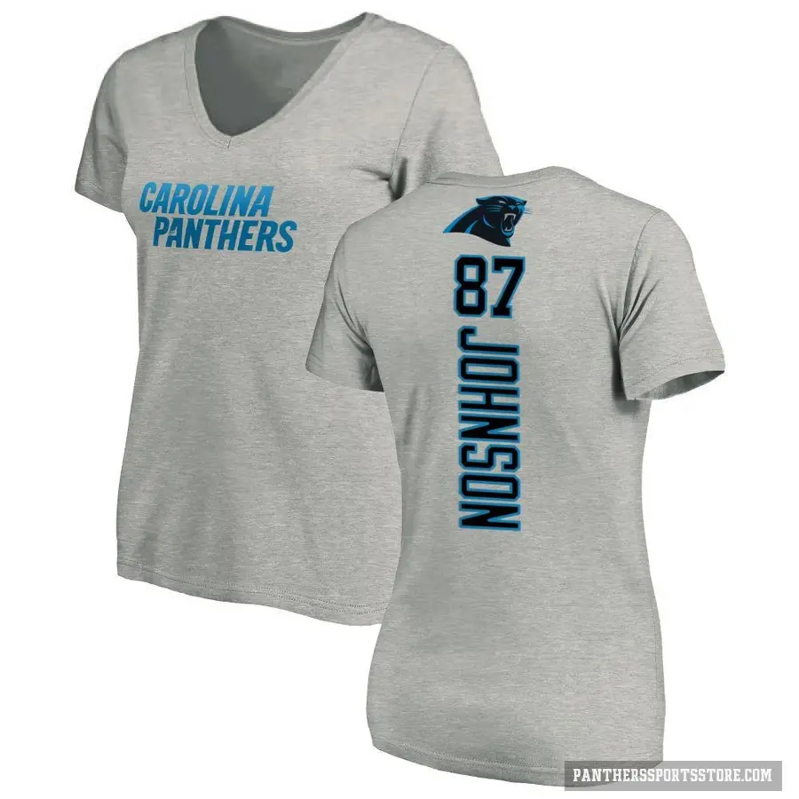 Women's ＃87 Cam Johnson Carolina Panthers Ash Backer V-Neck T-Shirt