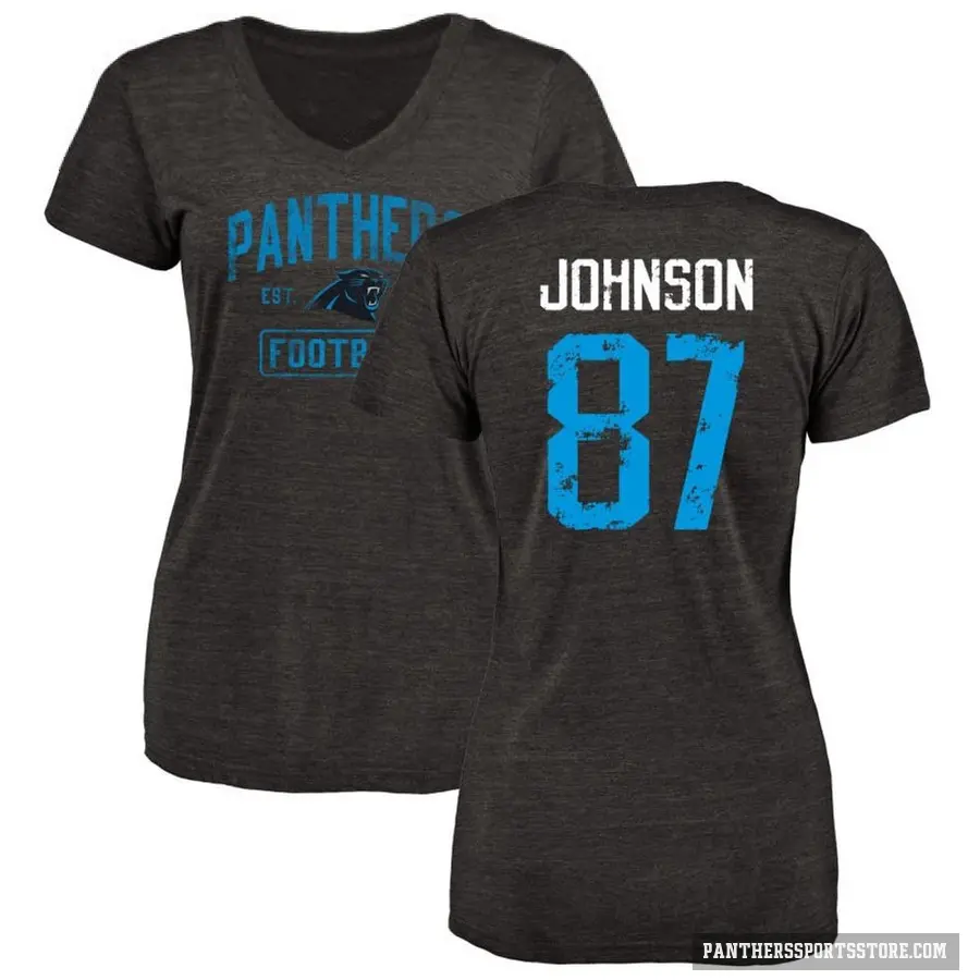 Women's ＃87 Cam Johnson Carolina Panthers Black Distressed V-Neck T-Shirt