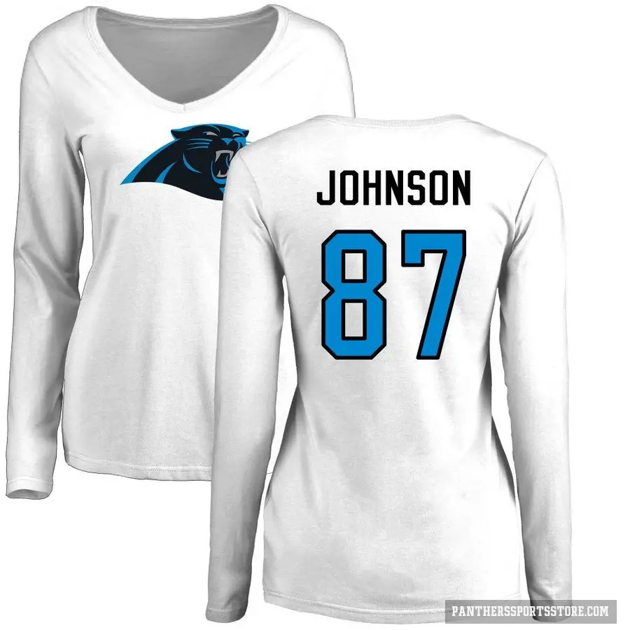 Women's ＃87 Cam Johnson Carolina Panthers White Logo Slim Fit Long Sleeve T-Shirt