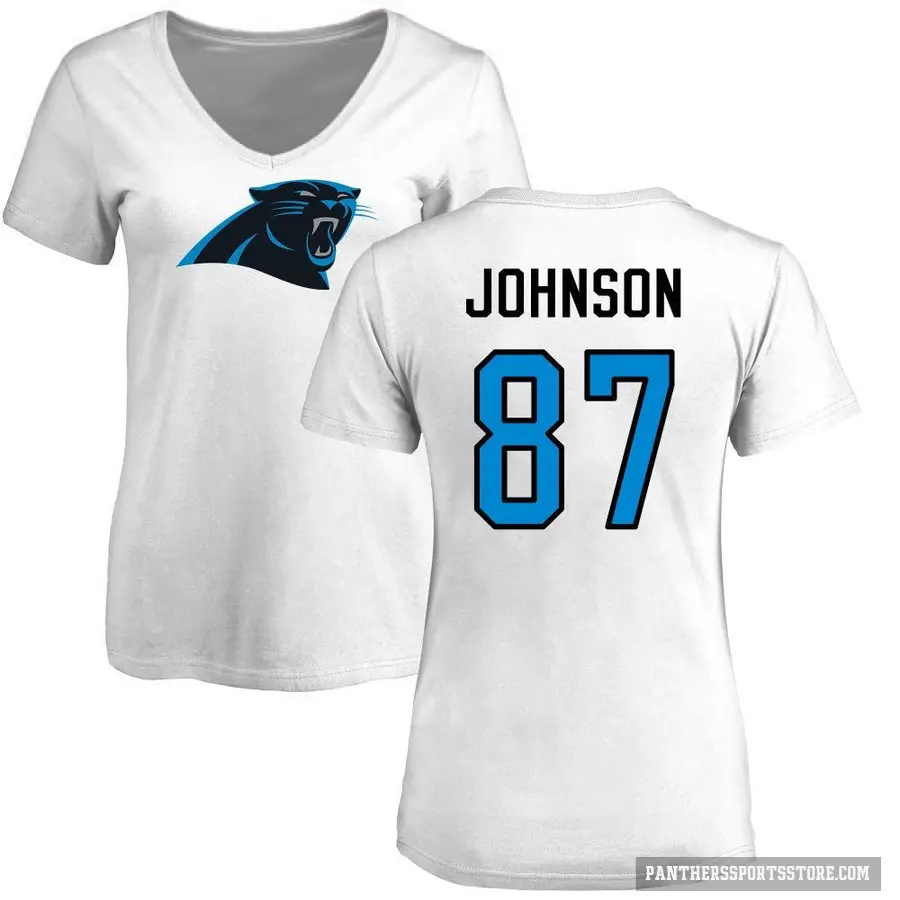 Women's ＃87 Cam Johnson Carolina Panthers White Logo Slim Fit T-Shirt