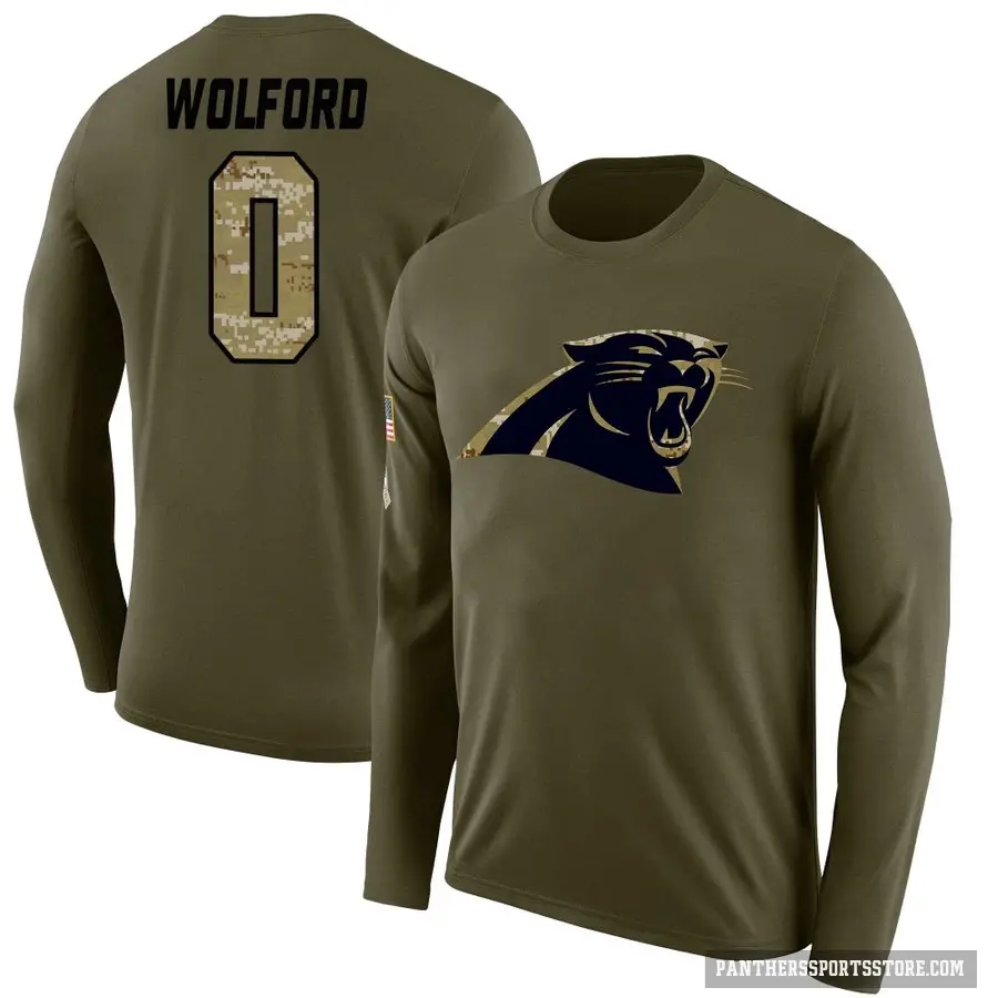 Youth ＃0 John Wolford Carolina Panthers Olive Salute to Service Sideline Long Sleeve T-Shirt