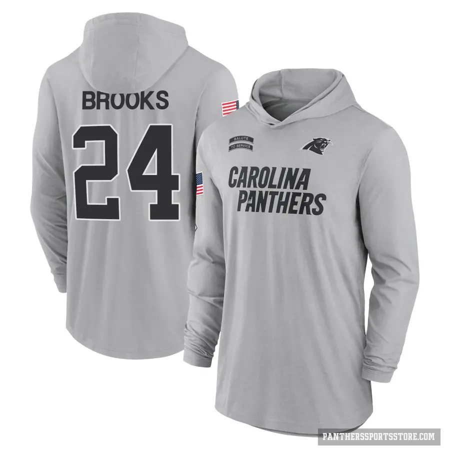 Youth ＃24 Jonathon Brooks Carolina Panthers Gray 2024 Salute to Service Lightweight Performance Long Sleeve Hooded T-Shirt